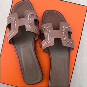 Hermes calf skin limited edition brown oran sandals